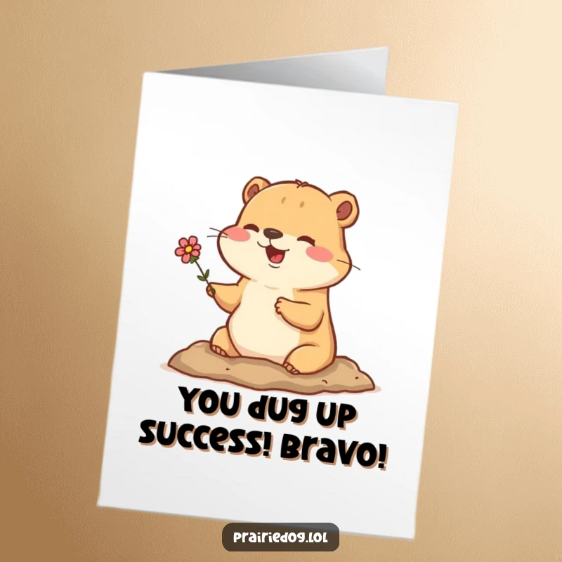 Funny Free Printable Congratulations Card: Happy prairie dog holding a flower, popping out of its burrow to celebrate success.
