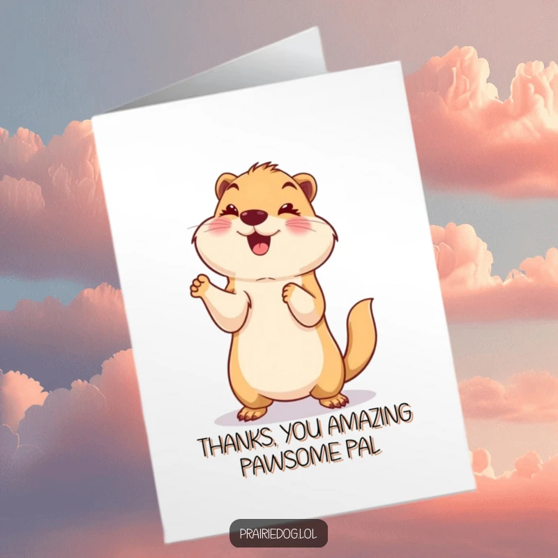 Funny Free Printable Thank You Card: Smiling prairie dog standing on hind legs with paws up, cheering thanks.