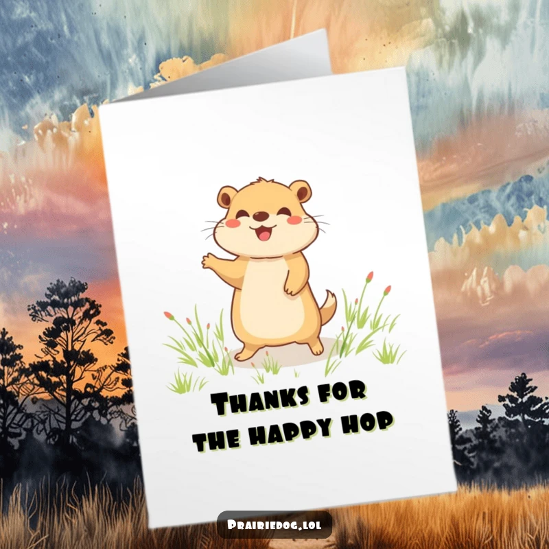 Funny Free Printable Thank You Card: Joyful prairie dog doing a happy little hop in a grassy field, giving thanks.
