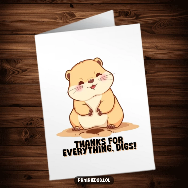 Funny Free Printable Thank You Card with a playful prairie dog digging a hole, perfect for expressing gratitude.
