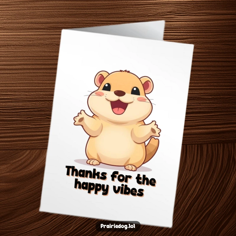 Funny Free Printable Thank You Card: Excited prairie dog waves tiny paws, expressing gratitude with a wide, humorous smile.
