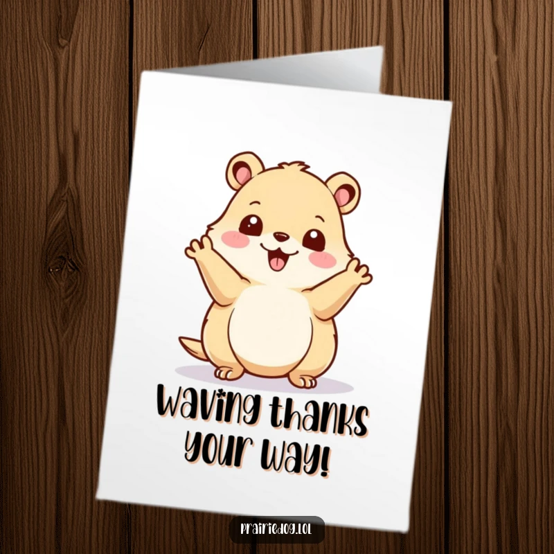 Funny Free Printable thank you card with a happy prairie dog waving its paws energetically, conveying thanks.