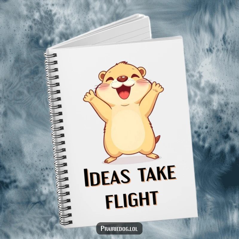 Funny notebook cover with a prairie dog in a joyful celebratory jump, front paws excitedly in the air.