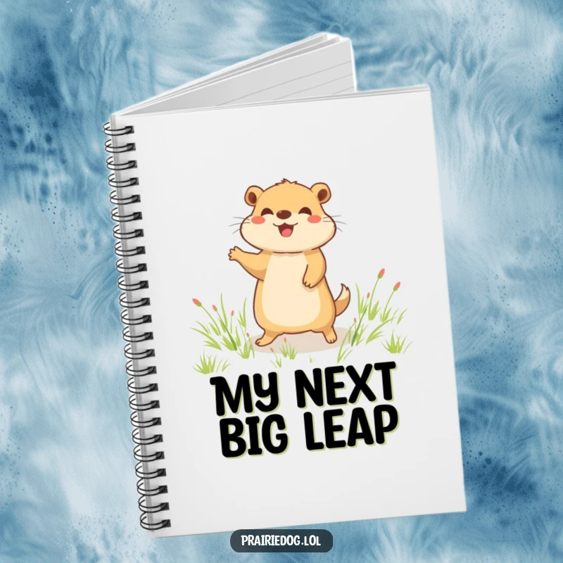 Funny notebook with a joyful prairie dog character doing a happy little hop in a grassy field, perfect for jotting notes with a smile.