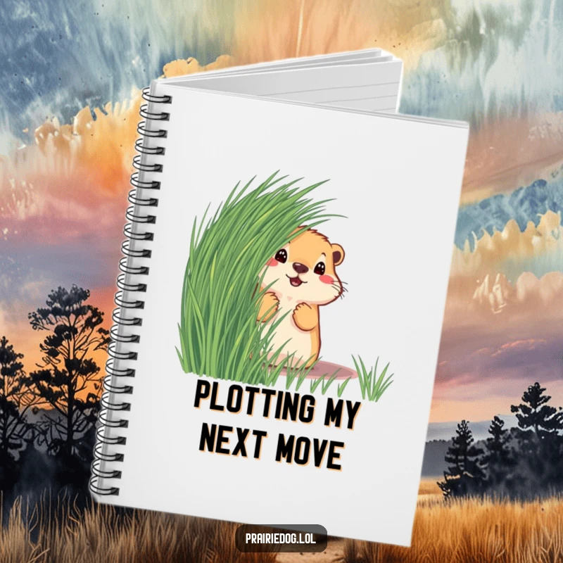 Funny prairie dog peeking from behind grass on a lined notebook cover, inviting creative and humorous thoughts.