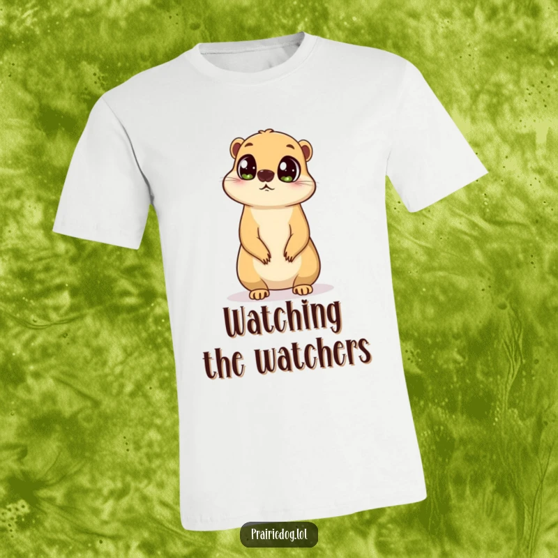Funny t-shirt featuring a prairie dog with large, inquisitive eyes, standing on its hind legs and looking around.