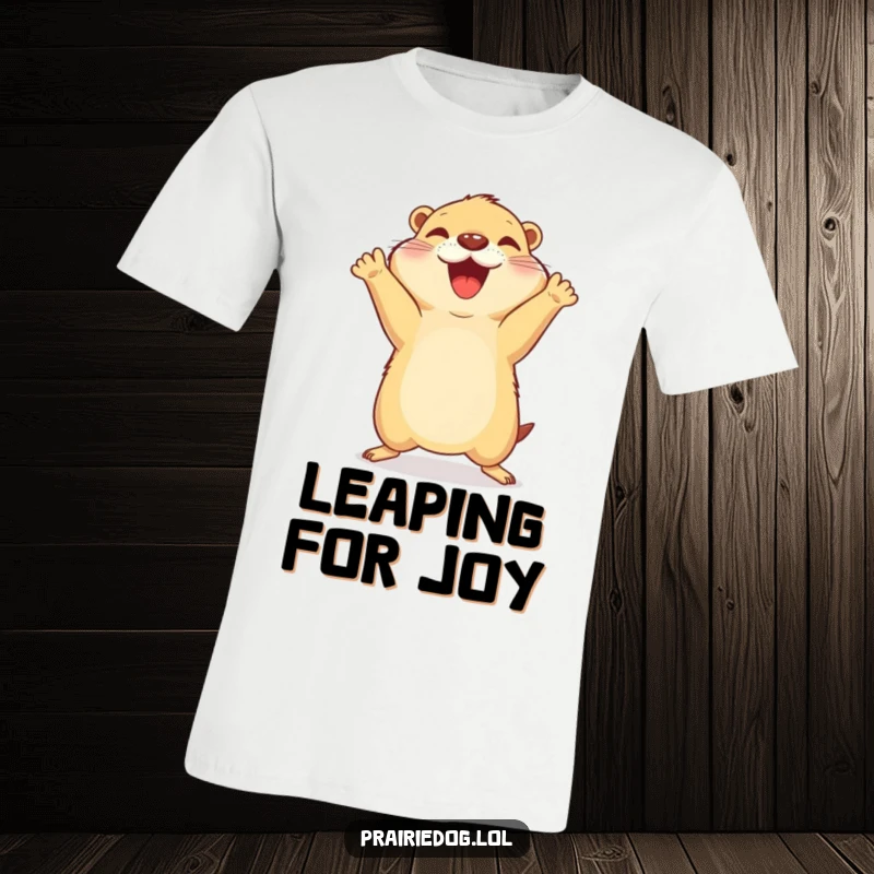 Funny t-shirt depicting a prairie dog in a happy, celebratory jump with its front paws enthusiastically in the air.