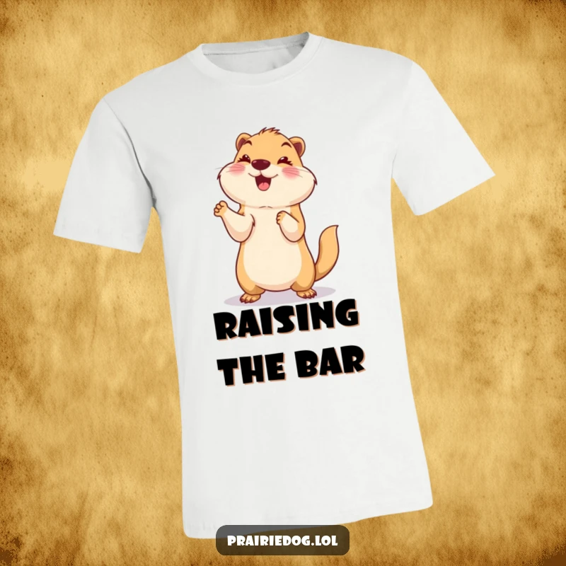 Funny t-shirt depicting a smiling prairie dog standing upright with paws raised high in a playful and celebratory gesture.