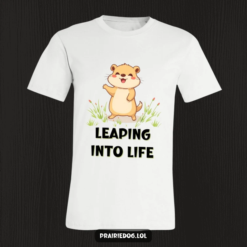 Funny t-shirt showcasing a joyful prairie dog character mid-hop in a green grassy field, radiating pure happiness and playful energy.
