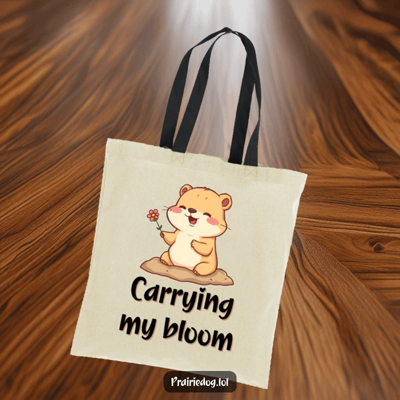 Funny tote bag with a happy prairie dog emerging from its burrow holding a tiny flower, a charming accessory.