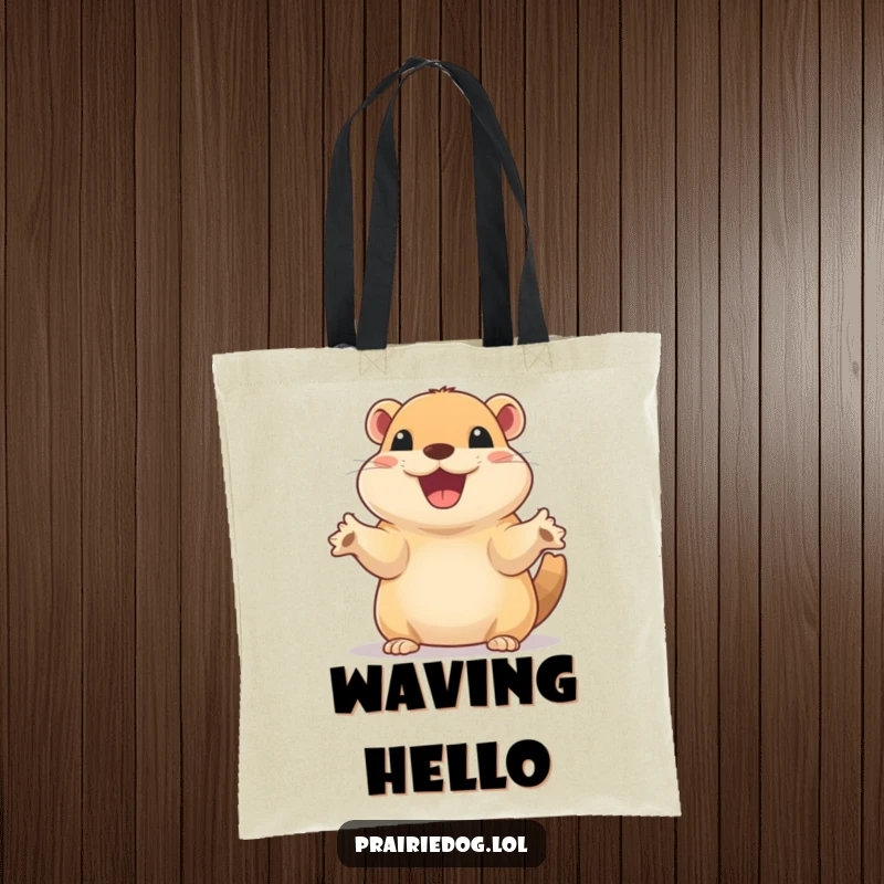 Funny tote bag with a prairie dog sporting a wide, excited smile while waving its tiny paws.
