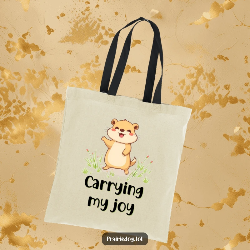 Funny tote bag featuring a joyful prairie dog character doing a happy little hop in a grassy field, perfect for carrying essentials with humor.