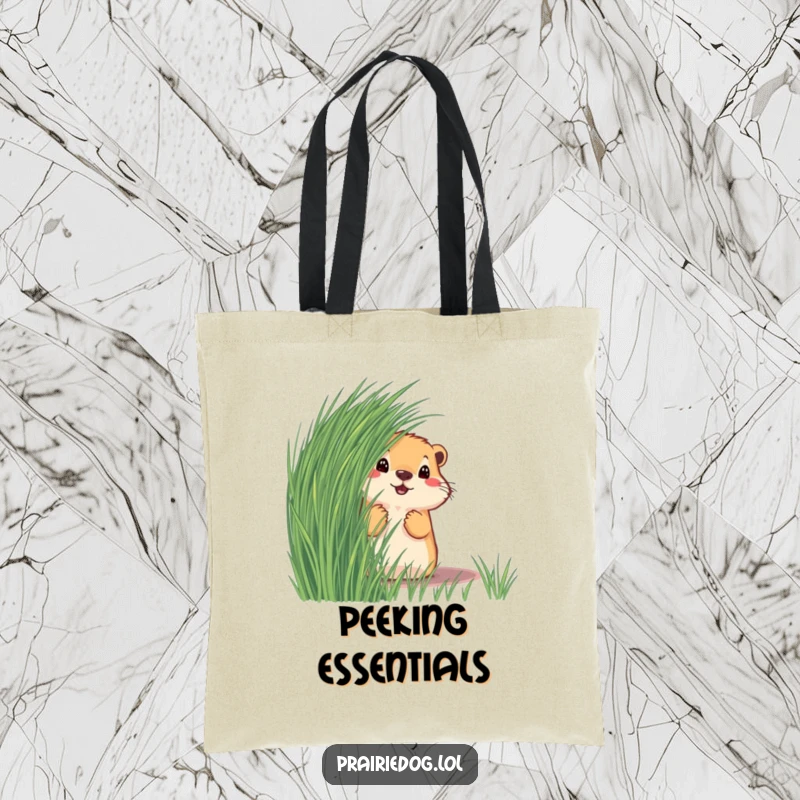 Funny prairie dog peeking from behind grass on a durable tote bag, showcasing a moment of playful curiosity for shoppers.